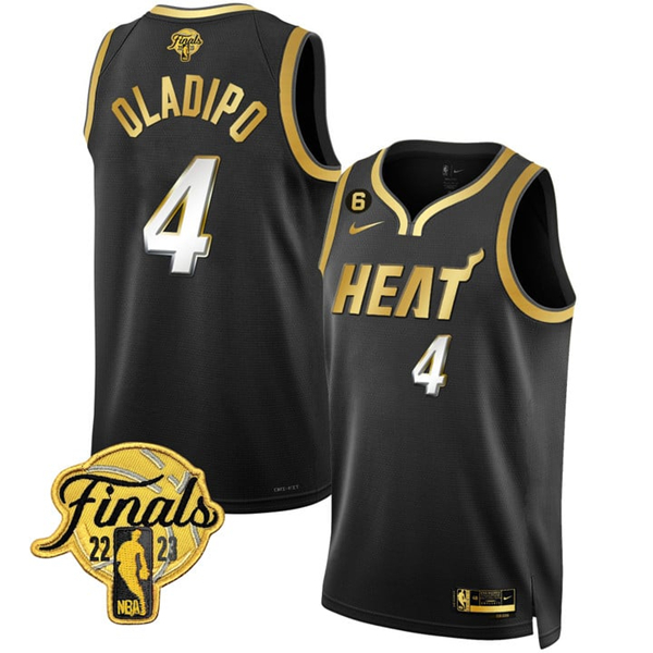 Men's Miami Heat #4 Victor Oladipo Black Gold Edition 2023 Finals Collection With NO.6 Patch Stitched Basketball Jersey